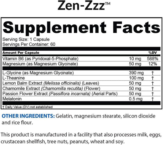 Biotrust Zen-Zzz, Non-Habit-Forming Sleep Support Supplement — Melatonin, L-Theanine, Glycine, Magnesium, Lemon Balm, Passion Flower, Chamomile — 60 Capsules