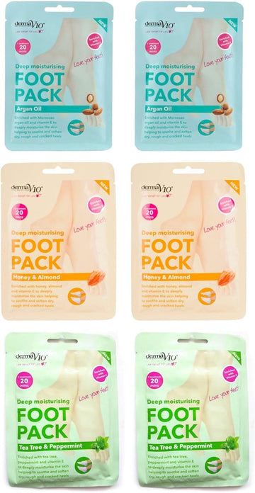 Derma V10 Foot Pack Mask (6 Pack) Deep Moisturising (Tea Tree & Peppermint, Honey & Almond, Argan Oil)