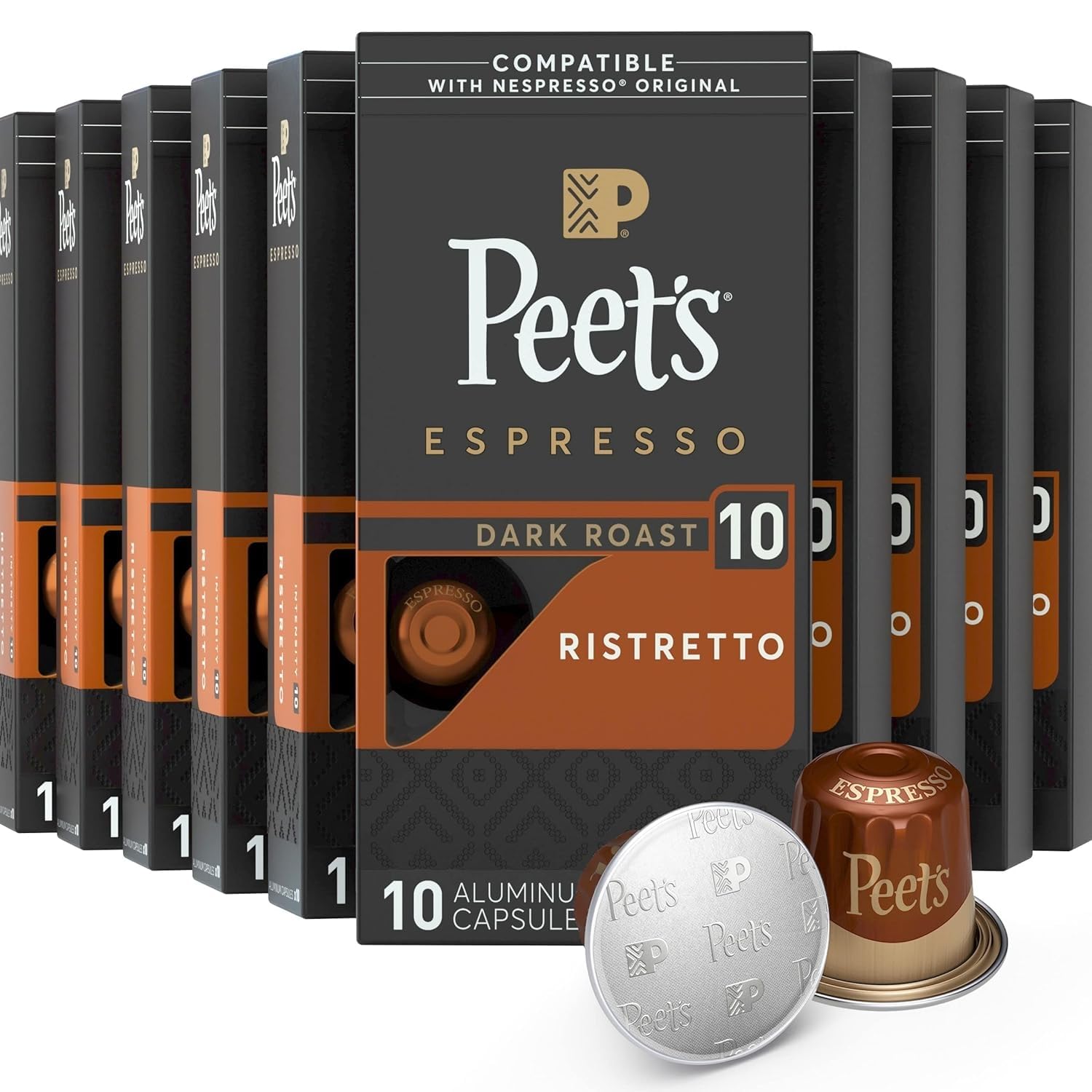 Peet's Coffee, Dark Roast Espresso Pods, Ristretto Intensity 10, 100 Count (10 Boxes of 10 Espresso Capsules)