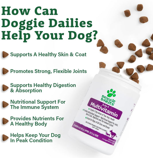 Doggie Dailies 5 In 1 Multivitamin For Dogs, 225 Soft Chews, Dog Multivitamin For Skin And Coat Health, Joint Health, Improved Digestion, Antioxidants, Support A Healthy Immune System