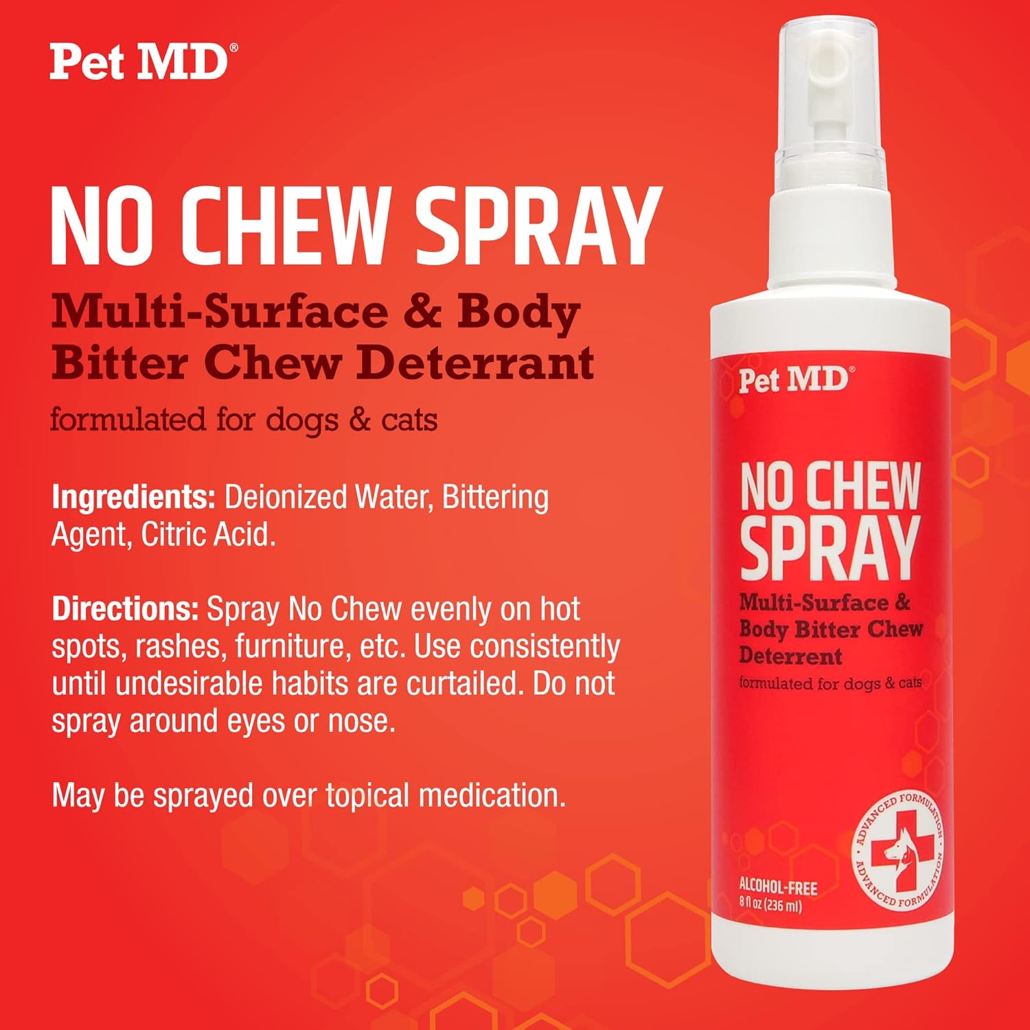 Pet MD No Chew Spray for Dogs & Cats - Multi-Surface Bitter Spray to Stop Biting & Chewing - Dog Deterrent Spray for Carpet, Furniture, Plants, & Skin - Anti Licking Cat Training Spray - 8 oz : Pet MD : Pet Supplies