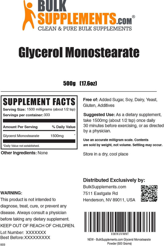 BULKSUPPLEMENTS.COM Glycerol Monostearate Powder - Glycerol Powder for Endurance & Hydration - Food Grade, Gluten Free - 1500mg per Serving, 333 Servings (500 Grams - 1.1 lbs)