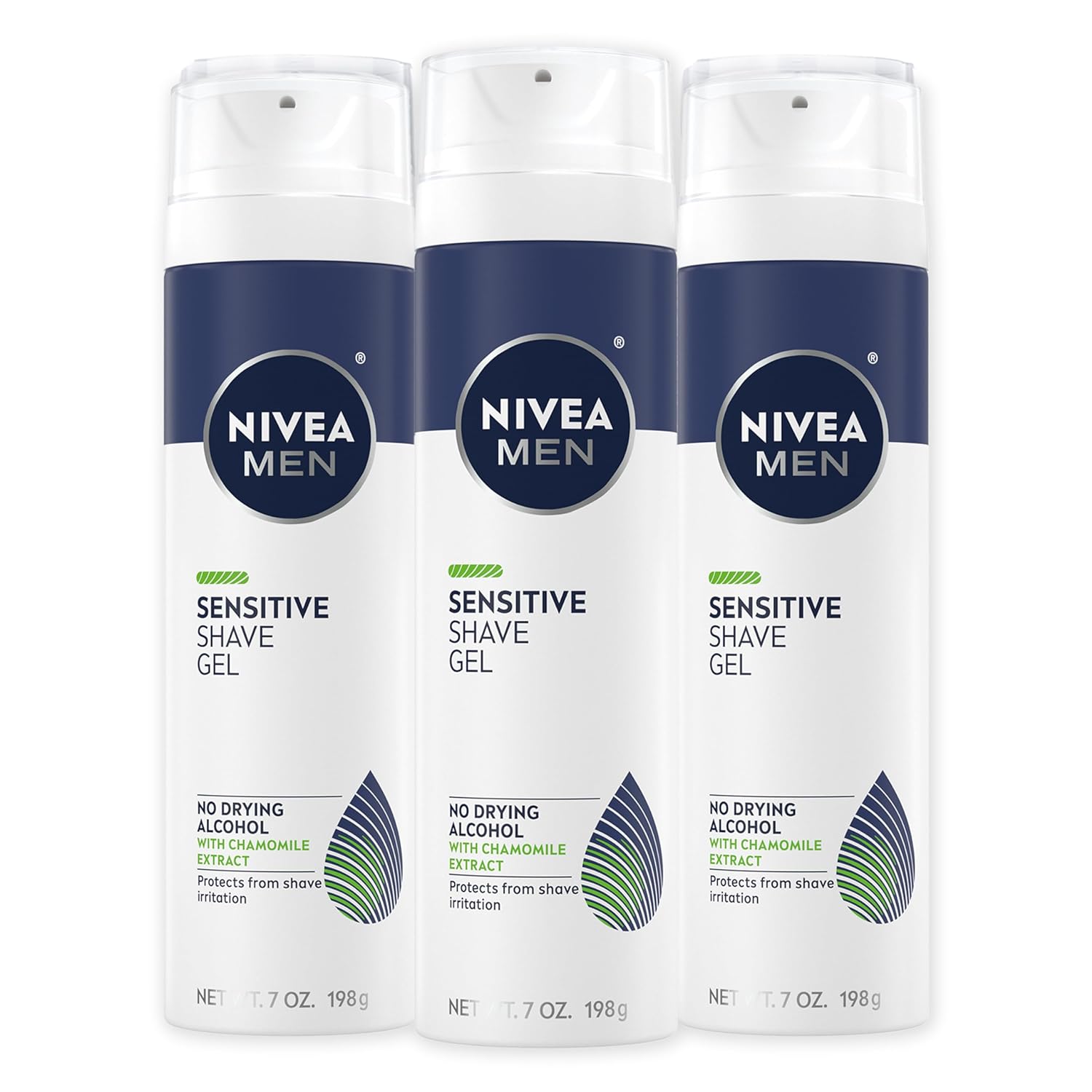 Nivea Men Sensitive Shave Gel With Vitamin E, Soothing Chamomile And Witch Hazel Extracts, No Drying Alcohols, 3 Pack Of 7 Oz Cans