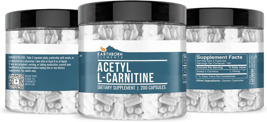 Earthborn Elements Acetyl L-Carnitine, 200 Capsules, Pure & Undiluted, No Additives