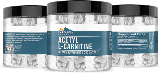 Earthborn Elements Acetyl L-Carnitine, 200 Capsules, Pure & Undiluted, No Additives