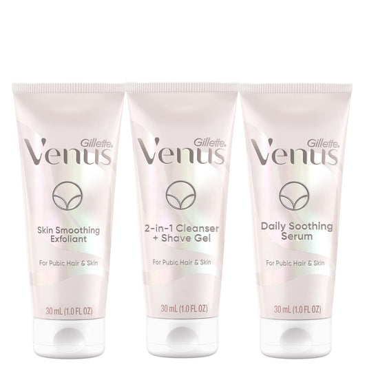 Gillette Venus For Pubic Hair & Skin Travel Gift Set, Includes 1Oz Smoothing Exfoliator, 2-In-1 Cleanser, Soothing Serum And Travel Bag