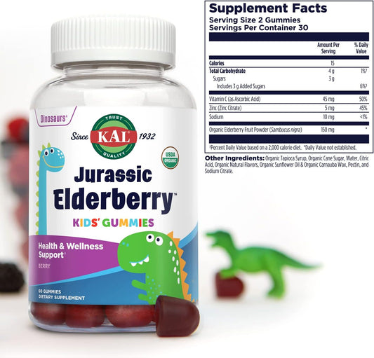 KAL Jurassic Elderberry Kids Gummies | Healthy Immune Support | USDA Organic, Vegan, Gluten Free | 30 Serv, 60 Ct