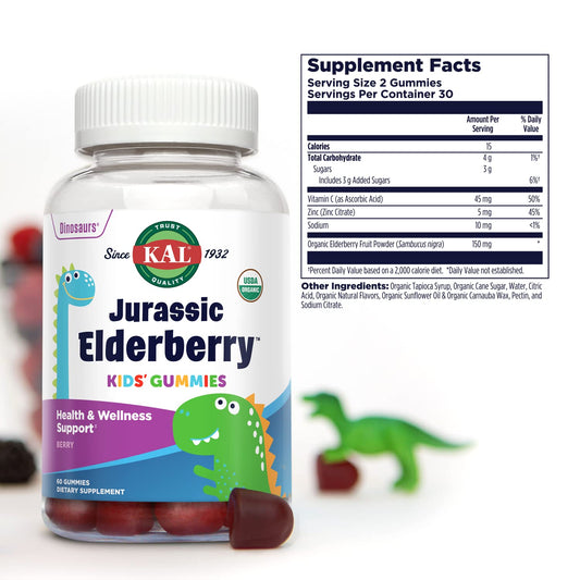 Kal Jurassic Elderberry Kids Gummies | Healthy Immune Support | Usda Organic, Vegan, Gluten Free | 30 Serv, 60 Ct