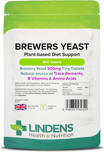 Lindens - Brewers Yeast - 1800Mg Daily Intake - 500 Vegan Tablets - Uk Made - Natural Vitamins & Micronutrients And Non-Debittered For Maximum Nutrition | B Vitamins, Amino Acids, Minerals