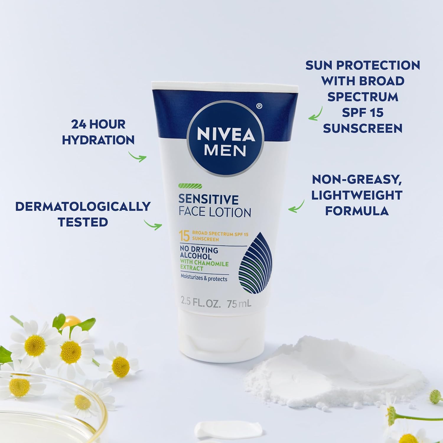 Nivea Men Sensitive Face Lotion with Broad Spectrum SPF 15 Sunscreen, No Dyes or Drying Alcohol, Moisturizes and Protects, 3 Pack of 2.5 Fl Oz Tubes : Beauty & Personal Care