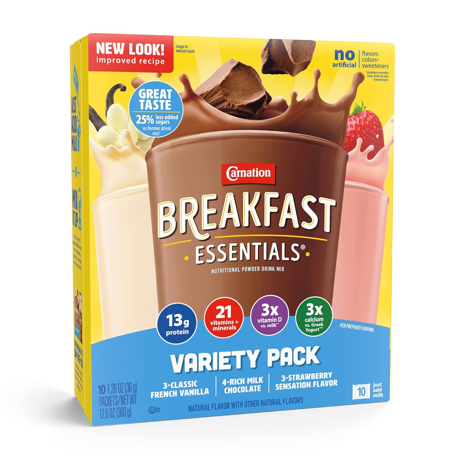 Carnation Breakfast Essentials Complete Nutritional Drink Rich Milk Chocolate / Classic French Vanilla / Strawberry Sensation Flavor 1.26 Oz. 60 Ct