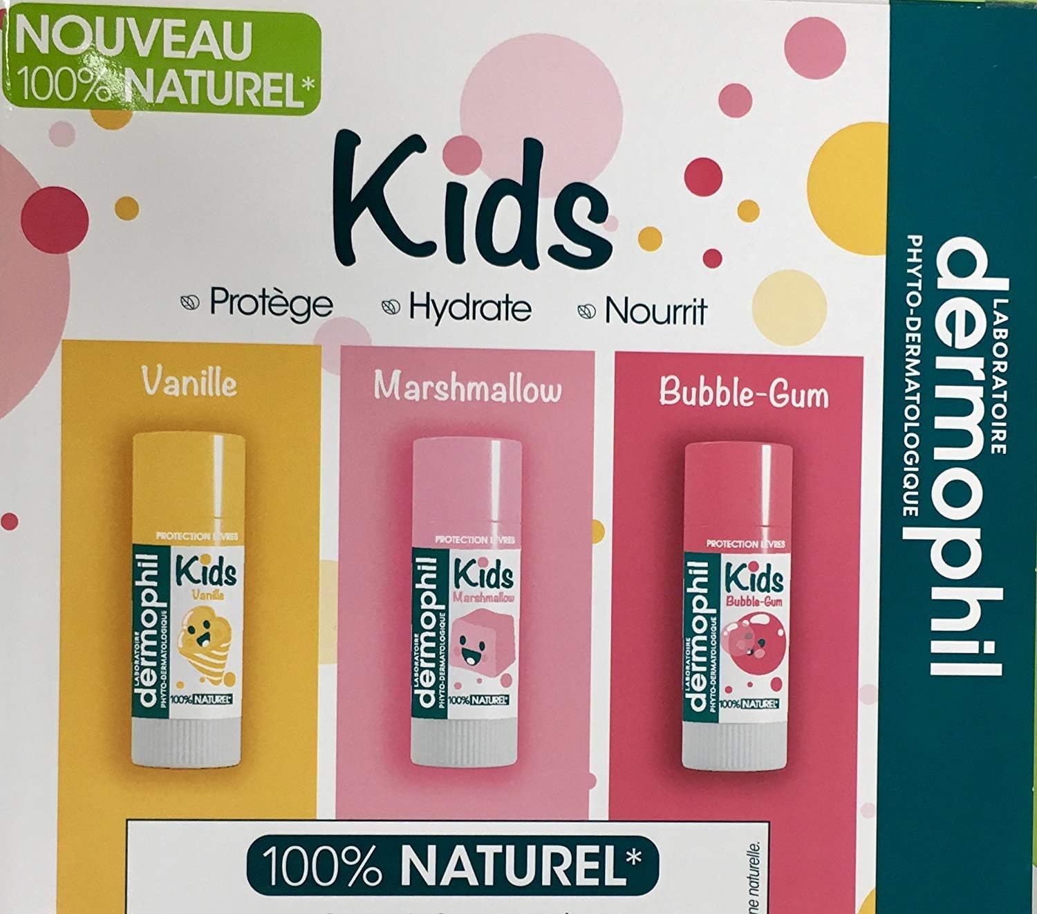 Dermophil Pack Of 3 Dermokids Lip Balms - Vanilla, Marshmallow, Bubble Gum - 4 G Sticks