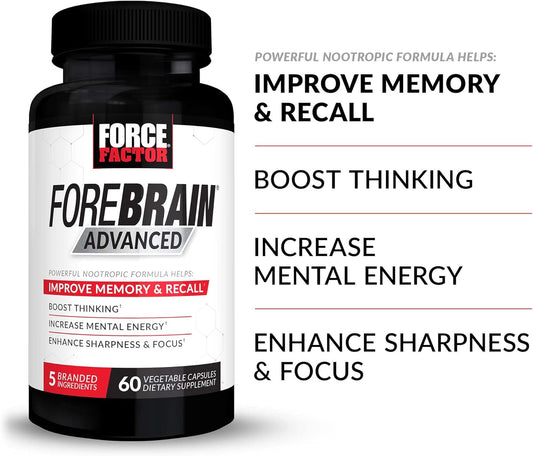 FORCE FACTOR Forebrain Advanced Brain Booster, Brain Supplement for Memory Support, Concentration, Focus, Thinking, and Mental Energy, Made with Powerful Ingredients That Work Fast, 60 Capsules