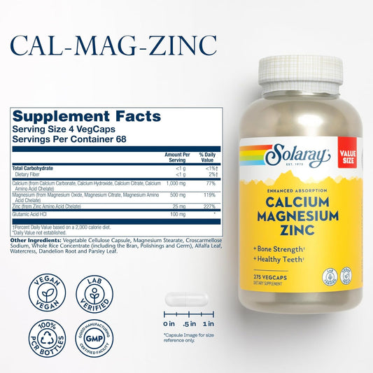 Solaray Calcium Magnesium Zinc Supplement - With Calcium 1000Mg, Magnesium 500Mg - Bone Health, Muscle Function, Heart Health And Immune Support