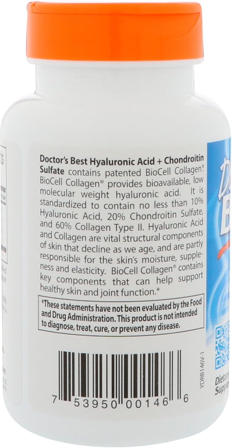 Doctors Best Hyaluronic Acid+ Chondroitin Sulfate, Supports Joint & Skin Health, Non-Gmo, Gluten Free, Soy Free 60 Veggie Capsules