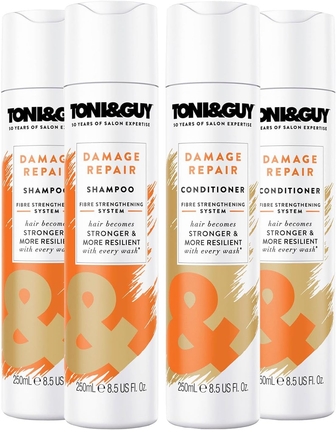 Toni & Guy Salon Shampoo And Conditioner For Dry Damaged Hair, Pack Of 4 X 250Ml Bottles (2 X Damage Repair Shampoo, 2 X Damage Repair Conditioner)