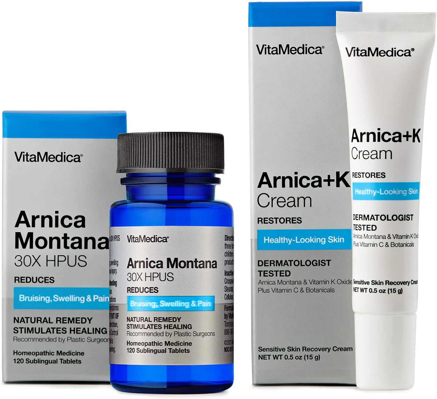 Vitamedica | Arnica Montana 30X & Arnica Cream Bundle | For Bruising, Swelling, Inflammation & Pain Relief | Vitamin K Topical Cream | Softens, Calms, Moisturizes, & Restores Bruised Skin | Usa Made