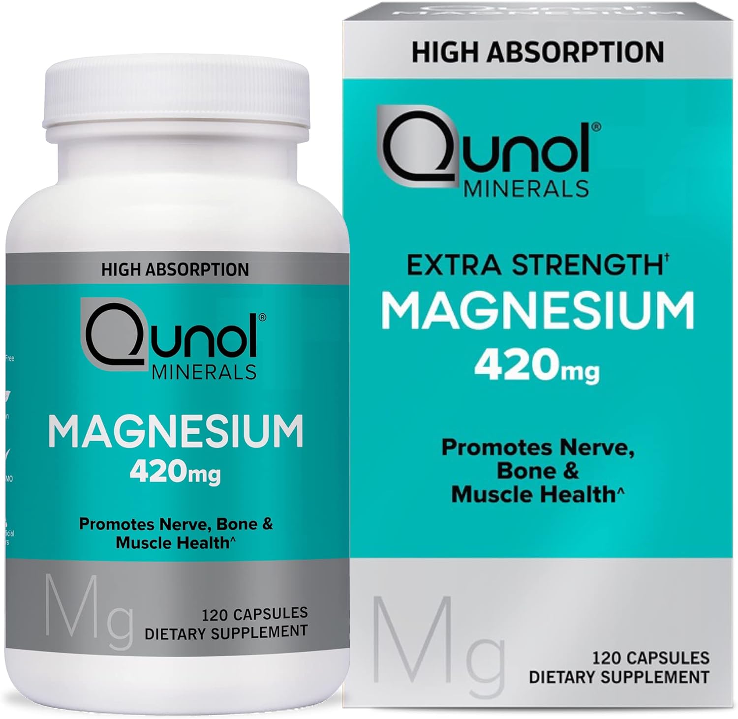 Magnesium Glycinate Capsules, Qunol Chelated Magnesium 420mg, High Absorption, Extra Strength, Bone, Nerve and Muscle Health Supplement, 120 Count