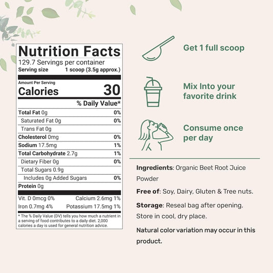 Micro Ingredients Organic Beet Root Powder, 1 Pound, Cold Pressed And Water Soluble, Beet Juice Pre-Workout Concentrated Powder, Energy & Immune System Support, Non-Gmo