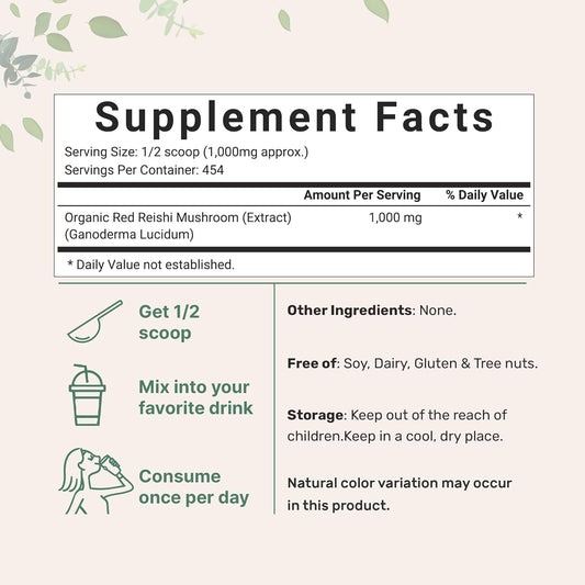 Micro Ingredients Organic Reishi Mushroom Powder, 16Oz | 100:1 Extract, Red Reishi Mushrooms Supplement | Great For Mushroom Coffee Or Tea | Non-Gmo
