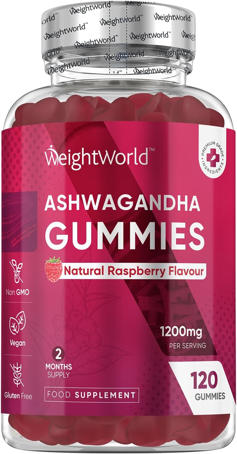 Ashwagandha Gummies 1200Mg - 120 Gummies - 2 Months Supply - Tasty Natural Raspberry Flavour - 2 Per Day - Ashwagandha Root Extract Supplement - Vegan, Non-Gmo, Gluten-Free & Travel-Friendly