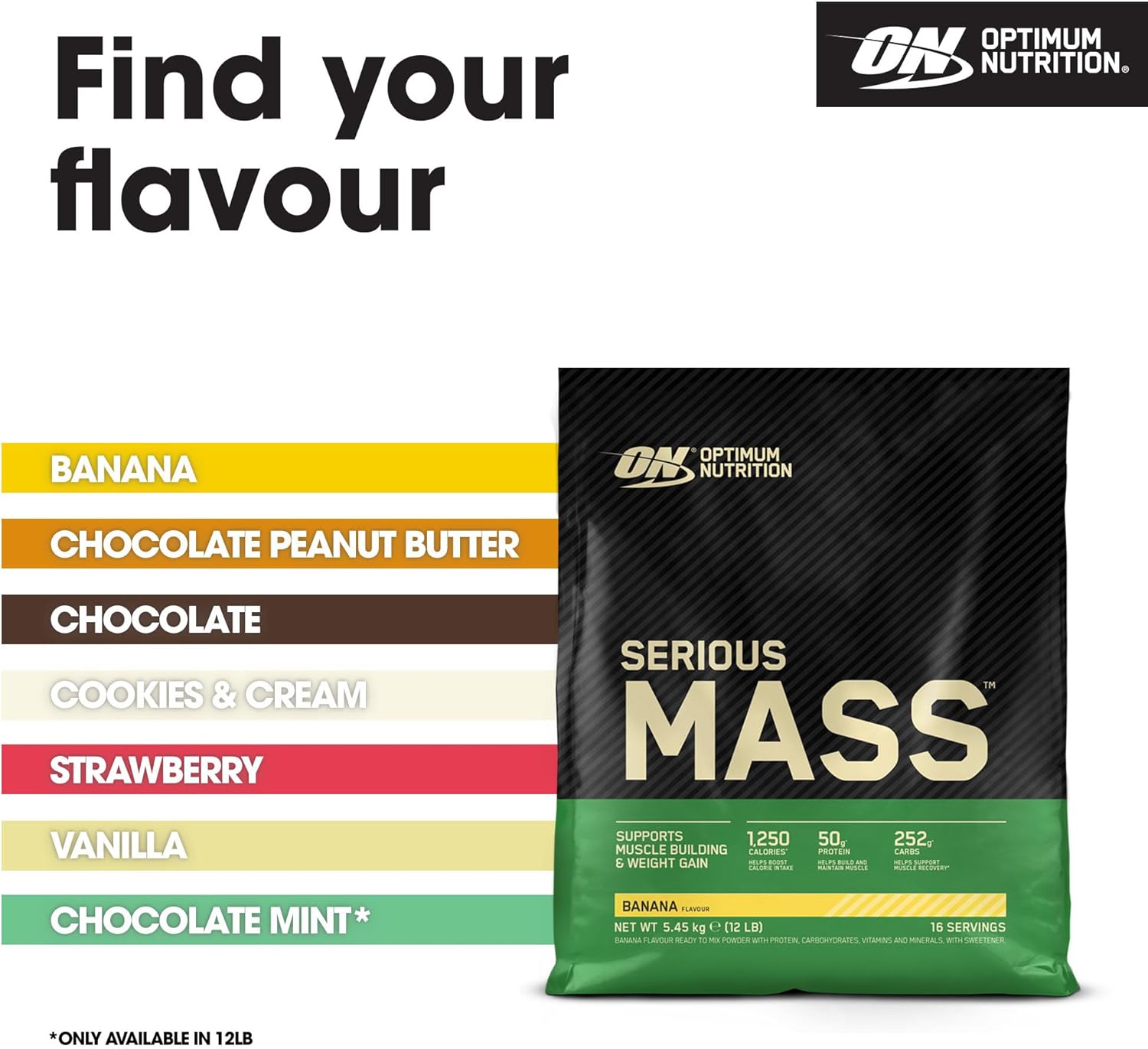 Optimum Nutrition Serious Mass Protein Powder High Calorie Mass Gainer with Vitamins, Creatine and Glutamine, Banana, 16 Servings, 5.45 kg, Packaging May Vary : Amazon.co.uk: Health & Personal Care