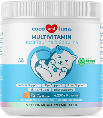 Multivitamin For Cats - 4Oz Powder - L-Lysine, Taurine, And Spirulina For Immune Support And Eye Health - Fish Oil & Vitamins For Skin And Heart Health. (For Cats)