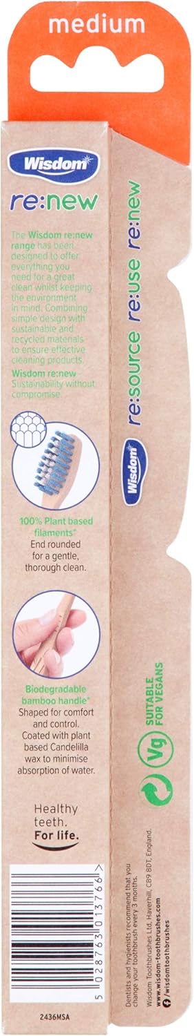 Wisdom Re:New Bamboo Medium Toothbrush - Pack Of 4 | Vegan | Plant-Based Filaments