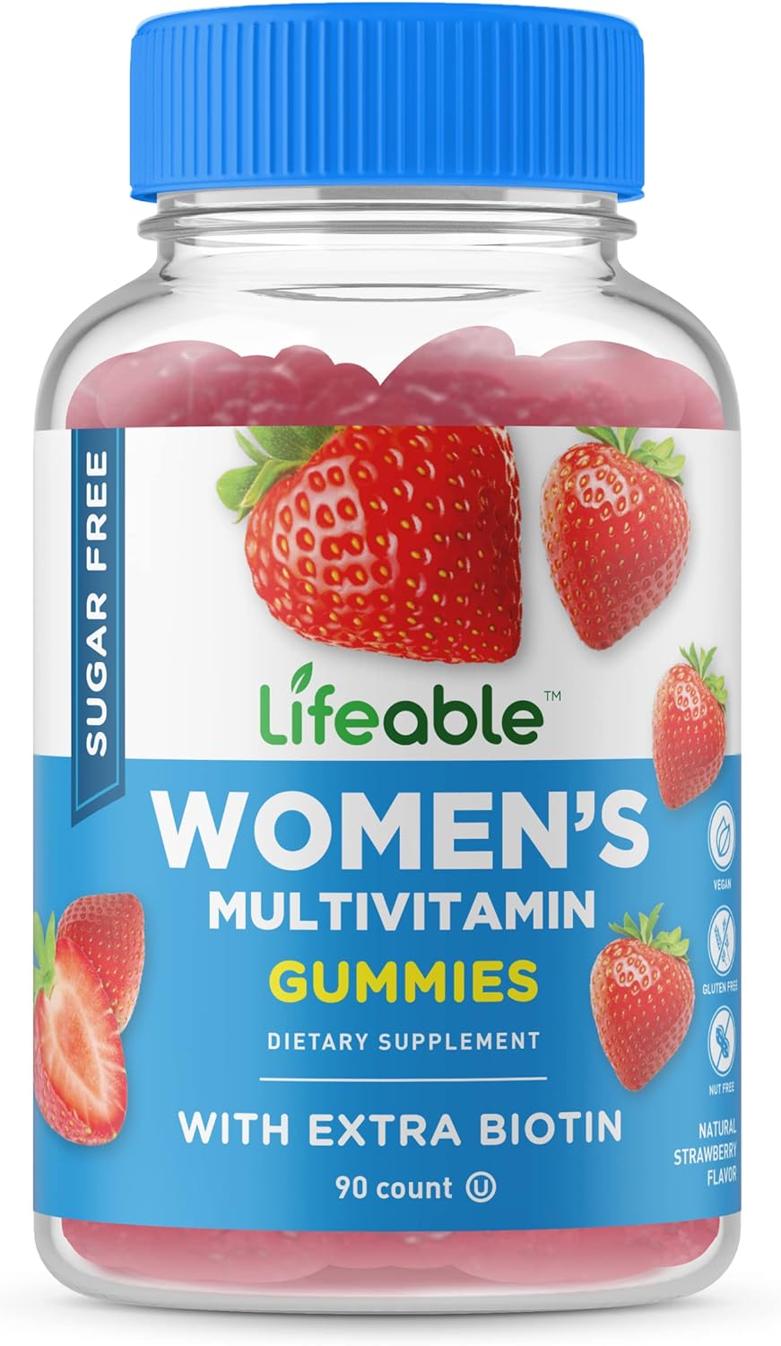 Lifeable Sugar Free Multivitamin for Women - Vegan Great Tasting - w/Vitamin A, C, D, E, B1, B2, Niacin, B5, B6, Folate, B12, Biotin, Iodine, Zinc, Chromium, Ginseng, Lycopene, Inositol - 90 Gummies