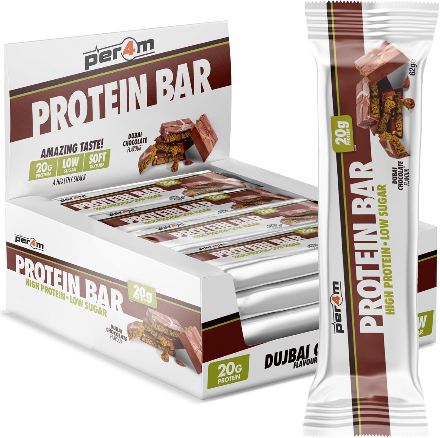 Per4M On-The-Go Protein Bar | High Protein, Low Sugar Bar With 20G Protein | Nutritional & Healthy Gym Snack Bar | Box Of 12 X 62G (Box, Cookies N Creme)