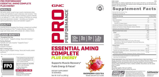 GNC Pro Performance Essential Amino Complete Plus Energy - Raspberry Iced Tea (30 Servings) : Health & Household