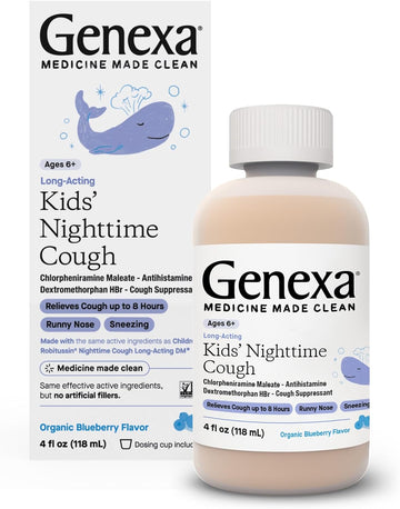 Genexa Kids' Nighttime Cough Medicine | Long-Acting Children’S Liquid Cough Suppressant And Temporary Relief For Runny Nose, And Sneezing For Kids 6+ | Delicious Organic Blueberry Flavor | 4 Fl Oz