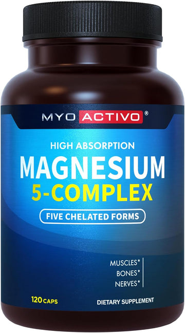 5-In-1 Magnesium Complex - High Absorption - Chelated Magnesium Glycinate, Malate, Citrate, Taurate, & Aspartate For Nerves, Muscles, Bones | 120 Capsules | Magnesium Supplement