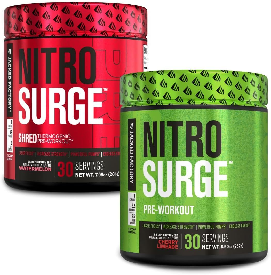 Jacked Factory Nitrosurge Pre-Workout In Cherry Limeade & Watermelon Nitrosurge Shred Thermogenic Pre-Workout For Men & Women