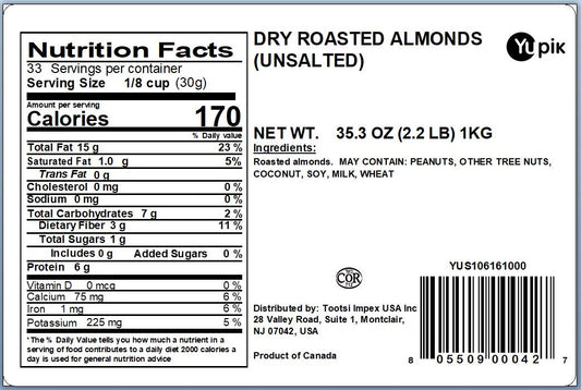 Yupik Dry Roasted Almonds, 2.2 Lb, Gluten-Free, Vegan, Kosher, Whole Nuts, Lightly Roasted, Oil-Free, Unsalted, Crunchy Almonds, Healthy Snacks