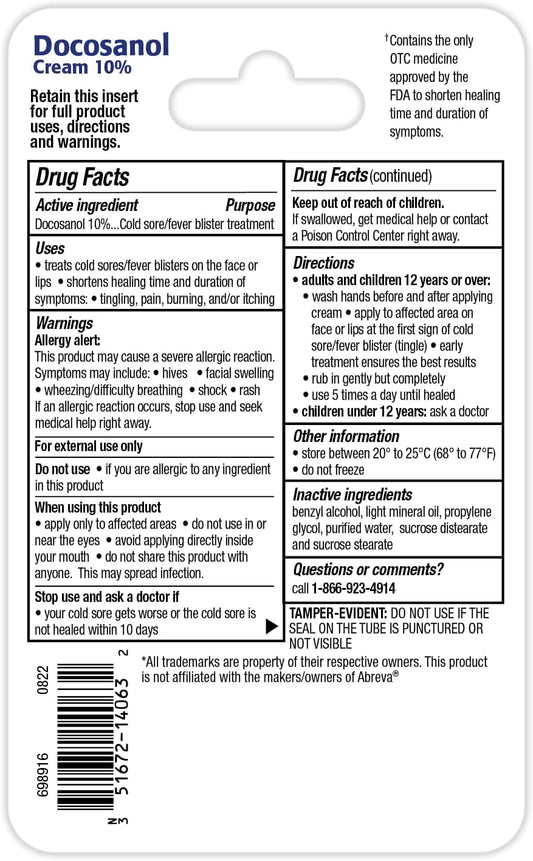 Taro Cold Sore/Fever Blister Treatment - Docosanol 10% Cream (0.07 Oz - 1 Tube)