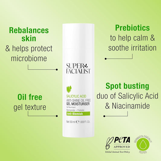 Super Facialist Anti Blemish Clarifying Gel Moisturiser With Salicylic Acid - Hydrating Oil-Free Face Cream With Niacinamide For Acne Treatment & Blackhead Remover, Vegan Friendly - 50Ml