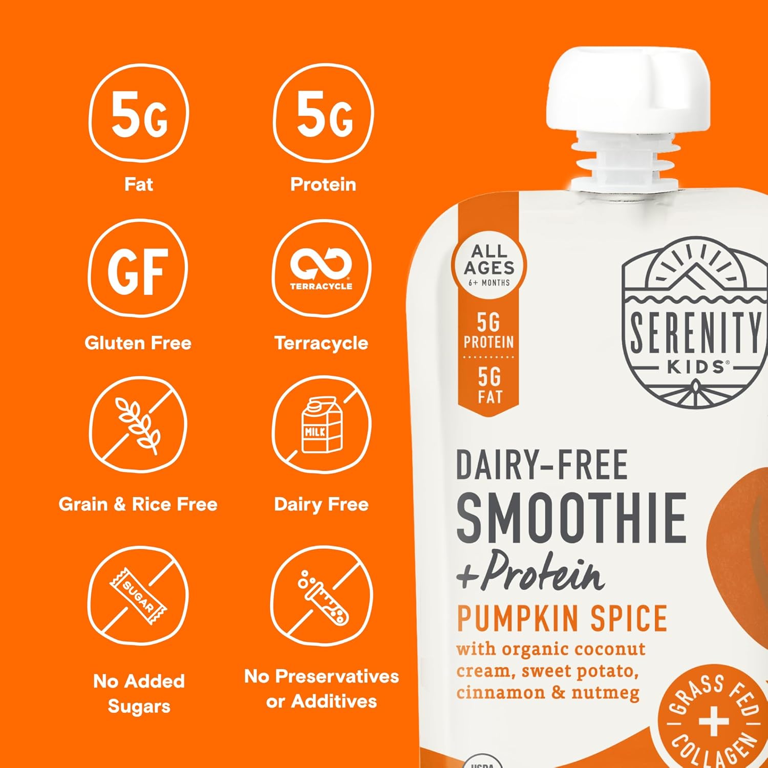 Serenity Kids 6+ Months Dairy-Free Smoothie Baby Food | Usda Organic | Grass Fed Collagen Protein | 3.5 Ounce Bpa-Free Pouch | Pumpkin Spice | 1 Count