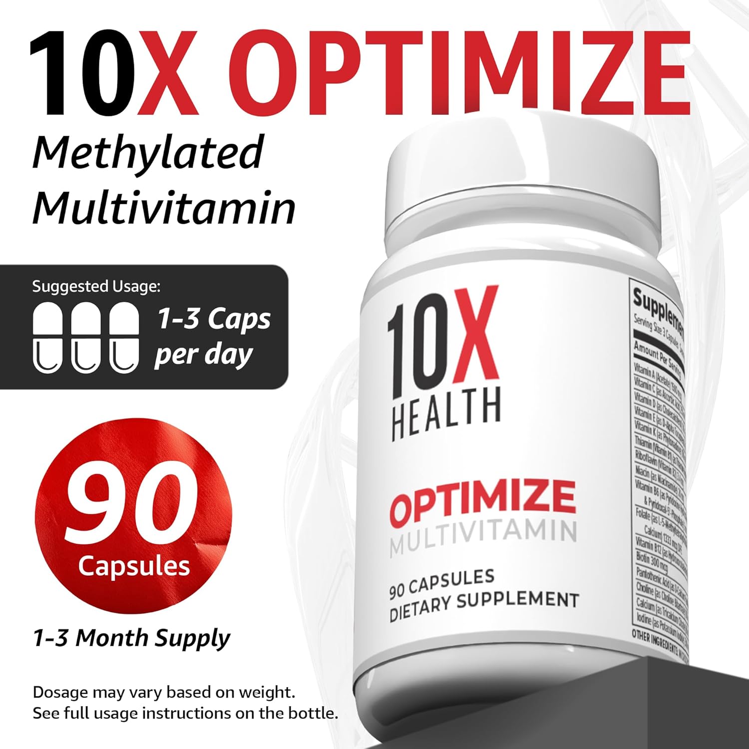 10X Health Optimize Methylated Multivitamin - 90 Capsules, 34 In 1 Formula With 800 Mcg Of Vitamin B12 - Methylated Multivitamin For Men & Women With 5-Mthf, Nac, Methyl B Complex - Mthfr Supplement : Health & Household