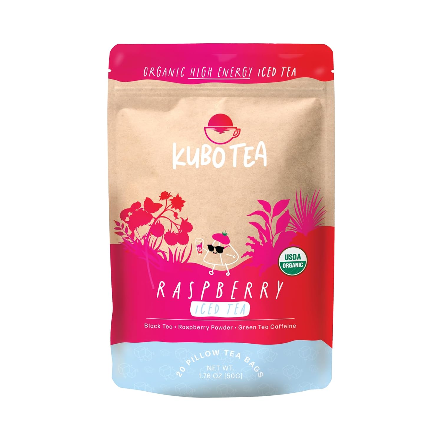 Kubo Tea, Organic High Energy Ice Tea, High Caffeine Blend, 20 Servings (155Mg Caffeine Each), Pillow Tea Bags, Kraft Packaging, Healthy Coffee Substitute (Raspberry)
