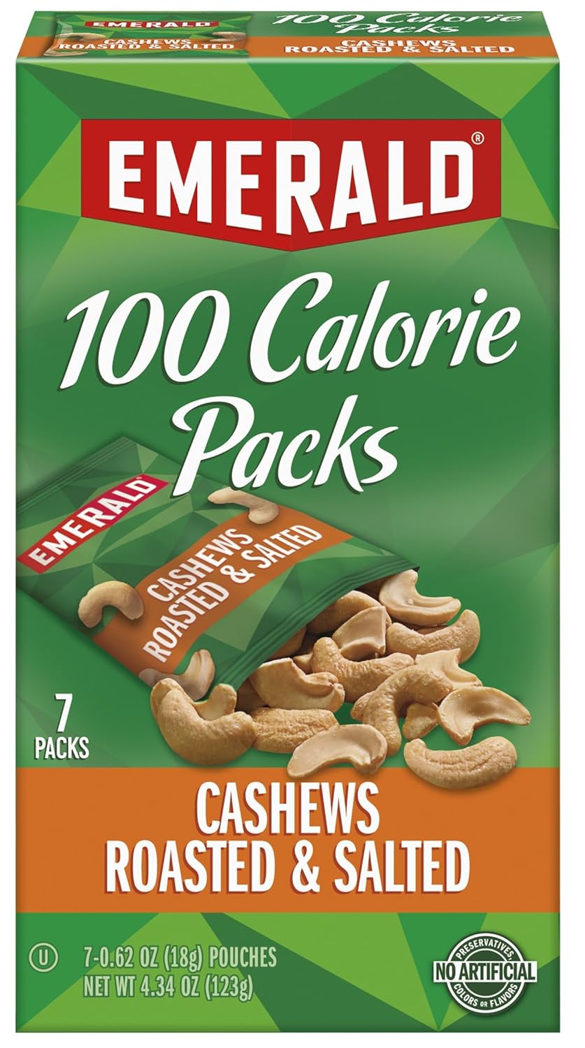 Emerald Nuts Roasted And Salted Cashews 7Ct (1-Pack), 100-Calorie Individual Packs, Kosher Certified, Non-Gmo, Contains No Artificial Preservatives, Flavors Or Synthetic Colors