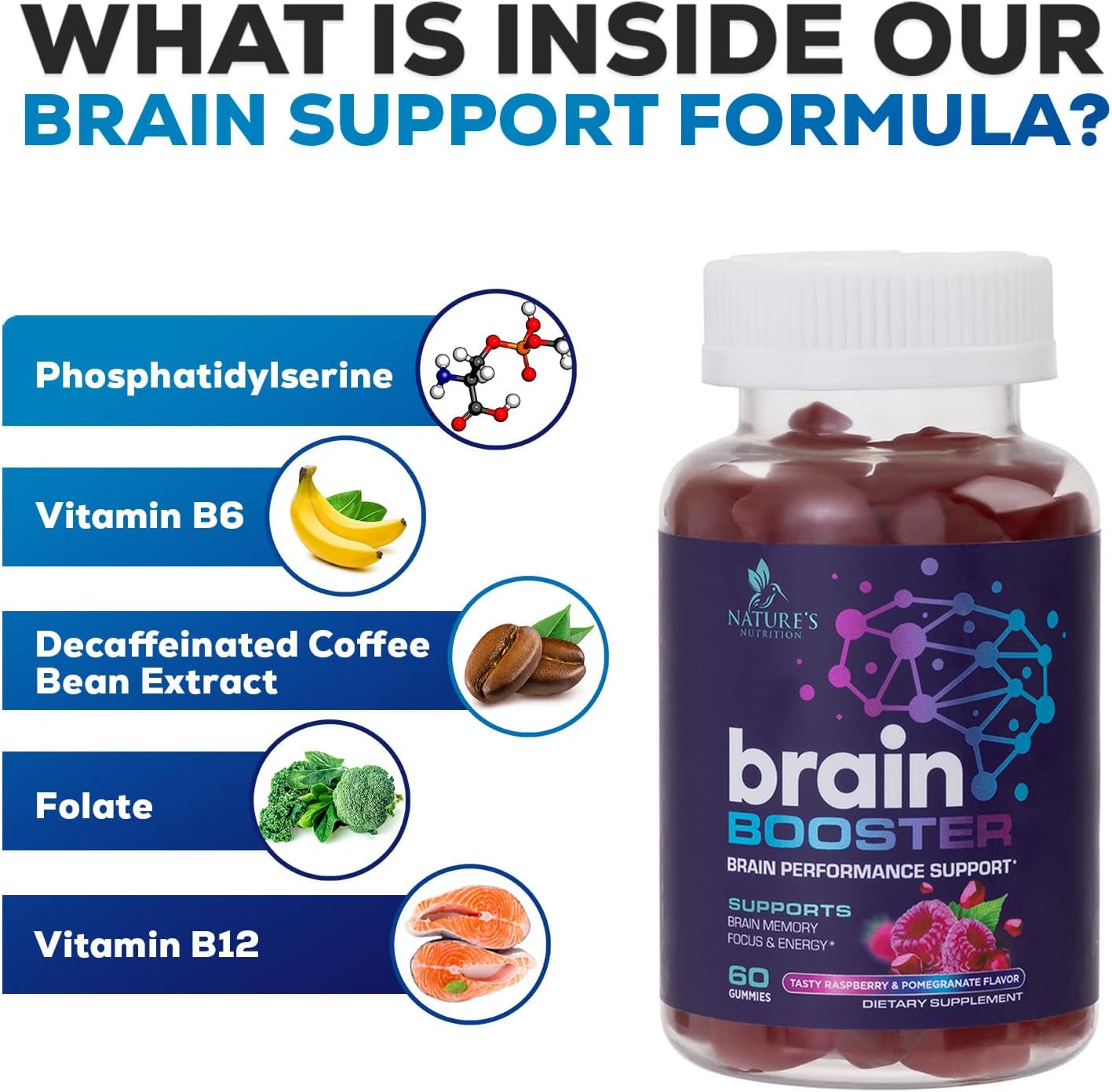 Brain Supplements for Memory & Focus - Brain Booster Nootropic Gummies for Mental Focus & Concentration - Brain Health & Energy Support with B12, Phosphatidylserine for Women & Men - 60 Gummies : Health & Household