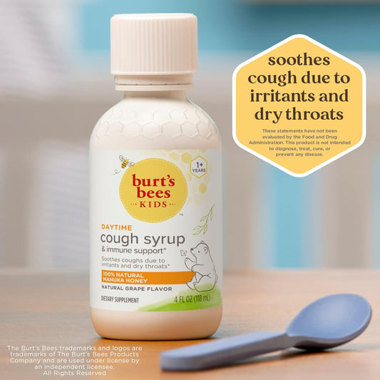 Burt's Bees Kids Daytime Cough Syrup and Immune Support, Natural Grape Flavor, Dietary Supplement, 4 Fl Oz