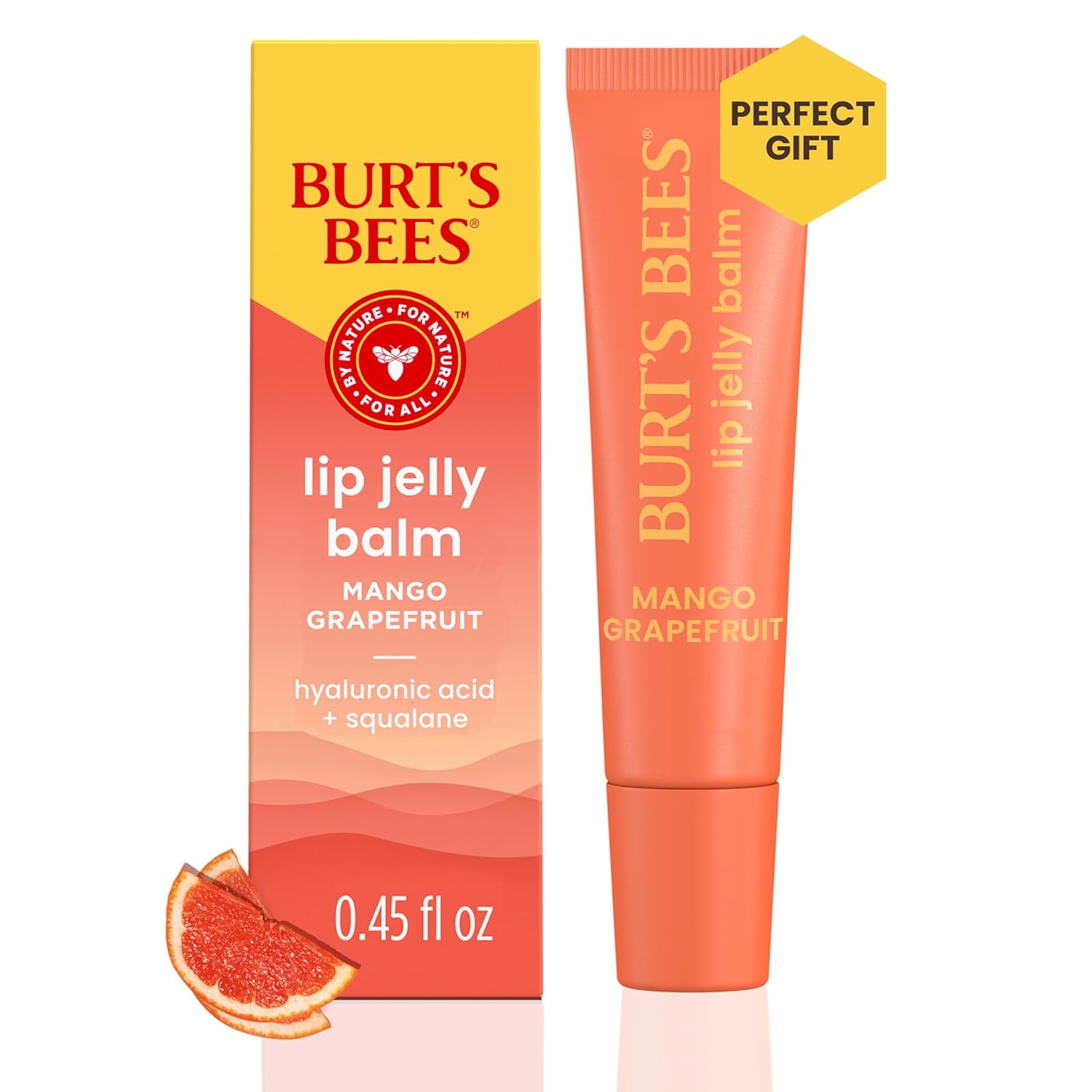 Burt’S Bees Mango Grapefruit Lip Jelly Balm, With Hyaluronic Acid And Squalane Moisturizer To Instantly Hydrate Lips, Lip Gloss With Responsibly Sourced Beeswax, Tint-Free, Lip Treatment, 0.45 Oz