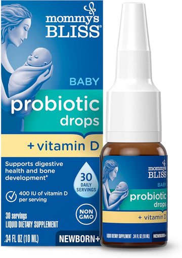 Mommy'S Bliss Baby Probiotic Drops + Vitamin D, Supports Digestive Health And Immunity, 400Iu Vitamin D For Healthy Bone Development, Newborns +, Flavorless, 0.34 Fl Oz (30 Servings)