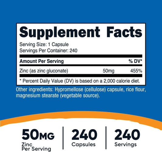 Nutricost Zinc Gluconate 240 Vegetarian Capsules (50mg) - Gluten Free