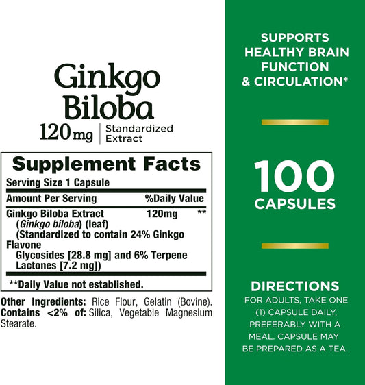 Nature'S Bounty Ginkgo Biloba Capsules 120Mg, Memory Support Supplement, Supports Brain Function And Mental Alertness, 100 Capsules