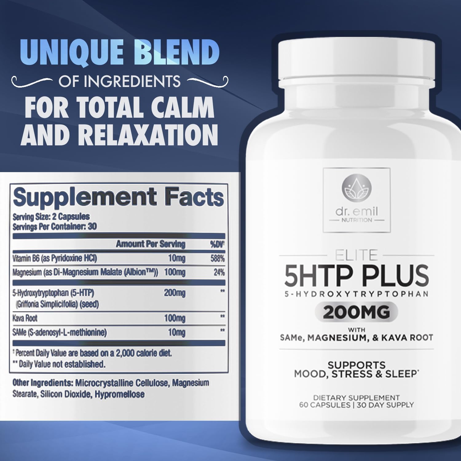 200 MG 5-HTP Elite with Kava Root Extract, Magnesium & SAM-e to Maintain Normal Healthy Sleep & Create a Sense of Wellbeing - 5HTP Supplement with Vitamin B6 - 60 Capsules, 30 Servings : Health & Household