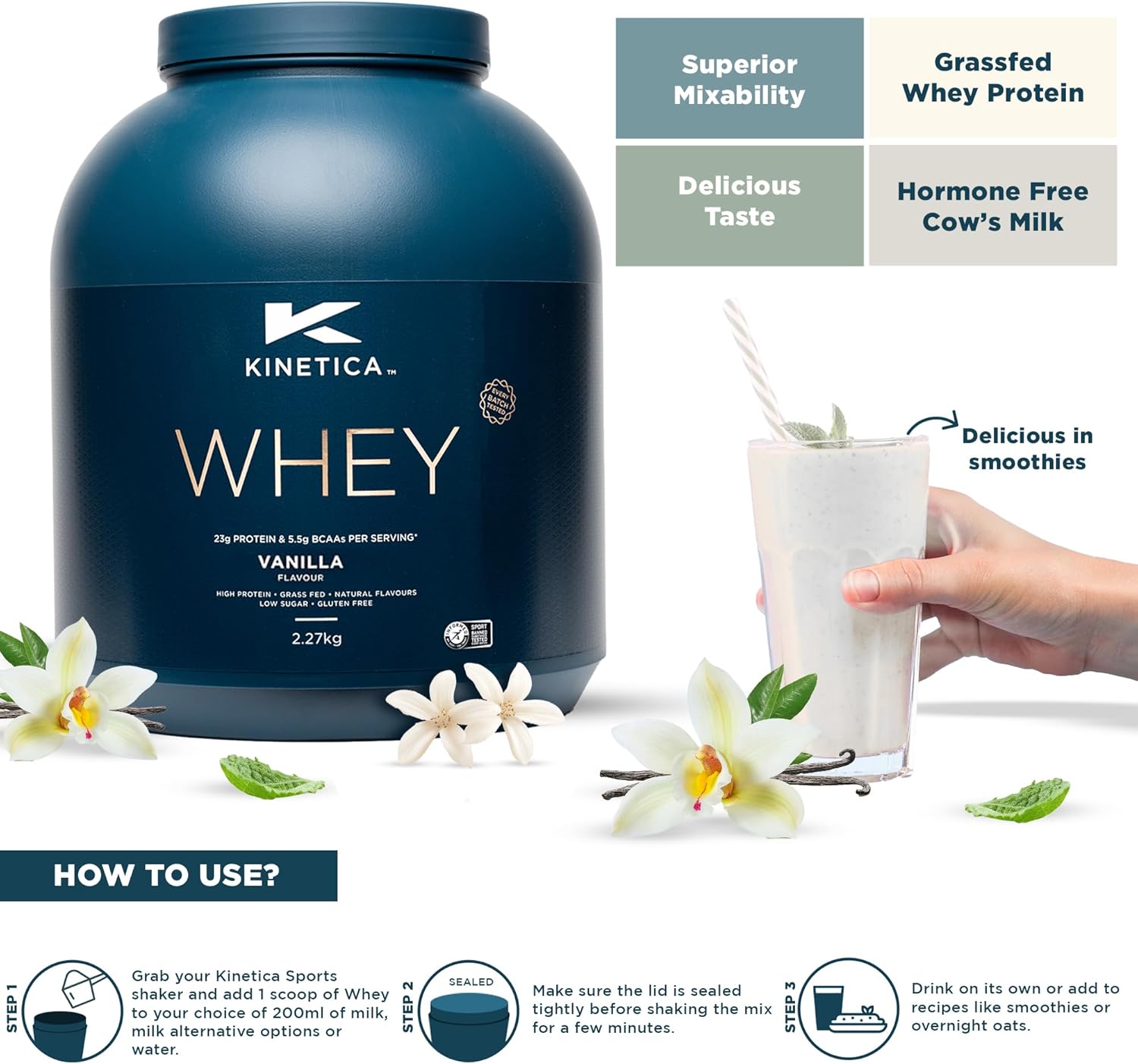 Kinetica Sports Whey Protein Powder - Vanilla Flavour | 23g Protein/Serve, 76 Servings/2.27Kg Pack |Gluten Free Supplement | Optimum for Muscle Growth & Recovery | Mixes Well with Water, Milk & Shakes : Amazon.co.uk: Health & Personal Care