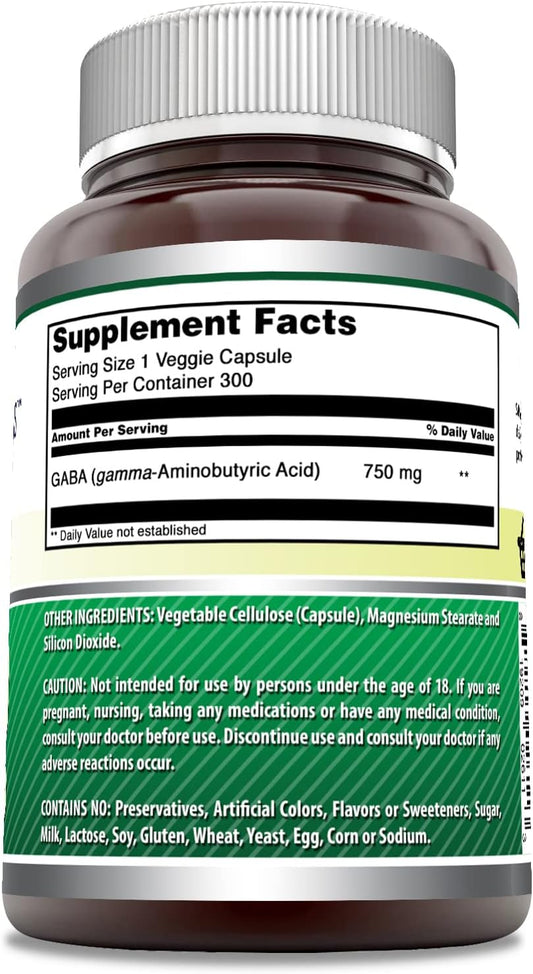 Amazing Formulas Pharma GABA 750mg Per Serving 300 Veggie Capsules Supplement | Non-GMO | Gluten Free | Made in USA | Ideal for Vegetarians